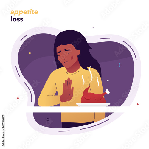 Vector illustration of a woman with loss of appetite, refusing to eat. A symptom of stress, anxiety, depression, flu or indigestion. Concept for healthcare articles, blogs, and mental health awareness