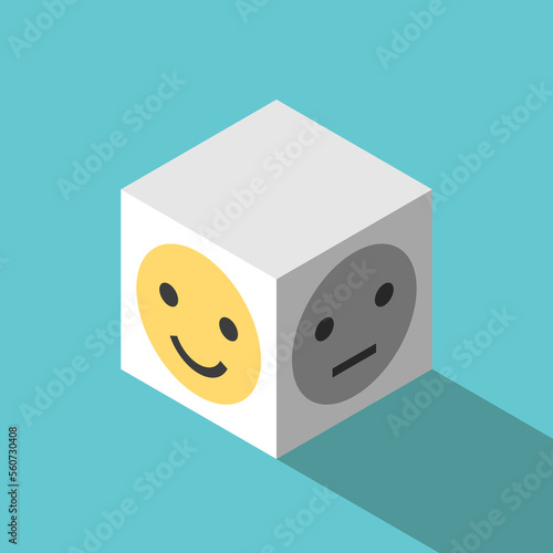 Happy and indifferent faces on cube. Positive feedback, suppressing emotions, strained smile, pretending, depression and apathy concept. Flat design. EPS 8 vector illustration, no transparency