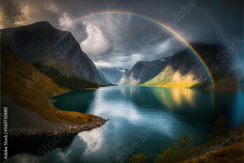  a rainbow is shining in the sky over a lake and mountains with a rainbow in the sky above it and a rainbow in the water below it  and a rainbow in the sky above.