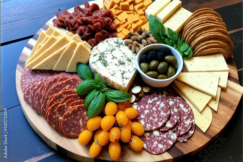  a platter of cheese, meats, and cheeses with oranges and olives on a wooden plate on a table with a blue background of wood plankers and boards with a. generative ai