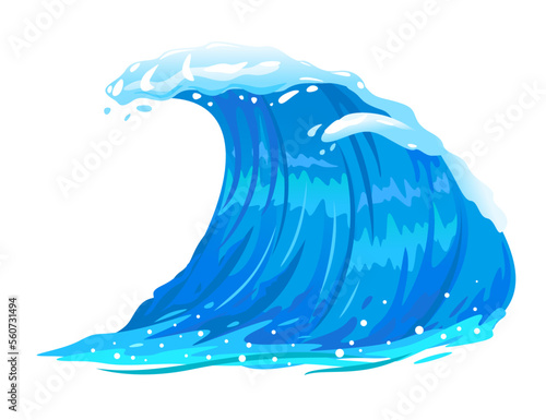 One big blue ocean wave illustration, wonderful surfing wave, isolated