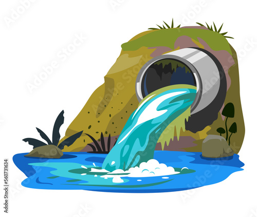 Water pollution from industrial pipe, ecological disaster, dirty toxic effluents, environmental pollution, large metal pipe on the shore releases toxic waste into the river, isolated