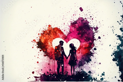 Valentine's Day watercolor wallpaper with Heart and couple in love no text Ai generated art