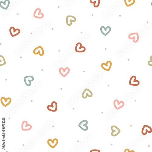 Abstract seamless vector pattern with hand drawn colorful hearts. Cute modern background for kids room decor, nursery art, apparel, gift, fabric, textile, wrapping paper, wallpaper, packaging.