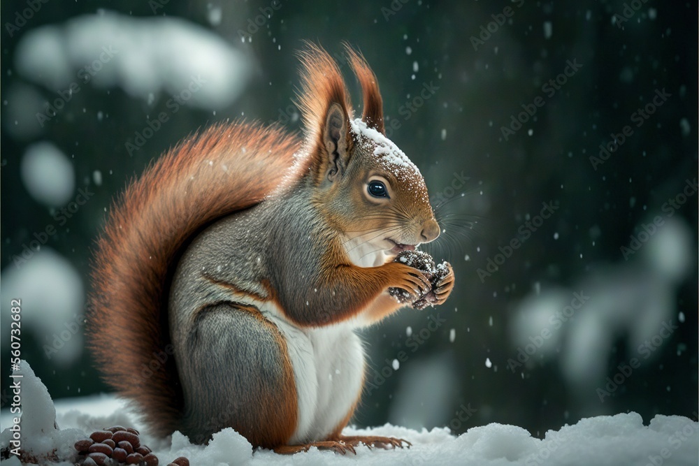 a squirrel is eating a nut in the snow with it's tail up and it's face slightly closed, with snow falling off the ground and trees in the background, and snowing. a squirrel is eating a nut in the snow with it's tail up and it's face slightly closed, with snow falling off the ground and trees in the background, and snowing.