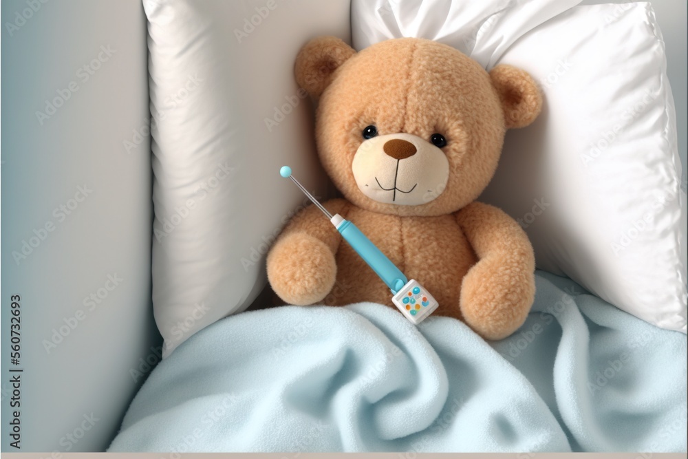  a teddy bear laying in a bed with a toothbrush in its mouth and a pillow behind it with a blue blanket on it and a white pillow with a white pillow on it and a.
