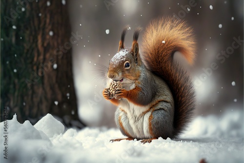  a squirrel is standing in the snow eating a nut in the woods with snow falling on it and a tree in the background with snow falling on the ground and snowflakes on the ground. © Anna