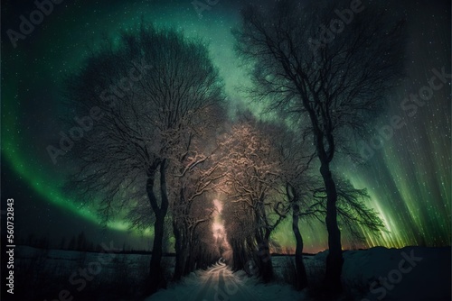  a road that has some trees on it and a sky with green lights in the background and a road with snow on the ground and trees on both sides of the road and the road.