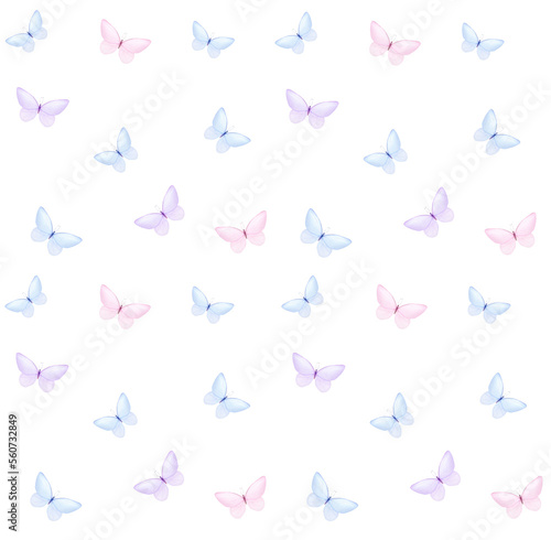 Watercolor minimalistic seamless pattern of tender blue and pink butterflies isolated