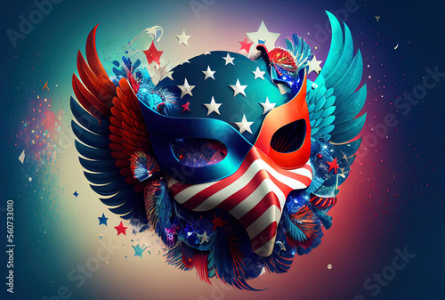 bright multicolored carnival mask in the colors of the flag of the united states of america, festival and entertainment concept, space for text