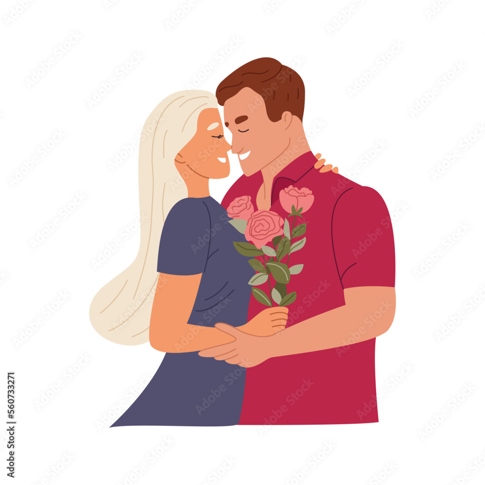 Obraz premium Happy love couple kissing, hugging. Girl and guy with flowers embracing in Valentine's or Wedding Day. Romantic relationship, love story concept. Flat vector illustration isolated on white background