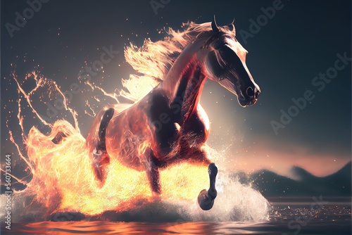 Horse on fire runs through water at high speed. Generative AI