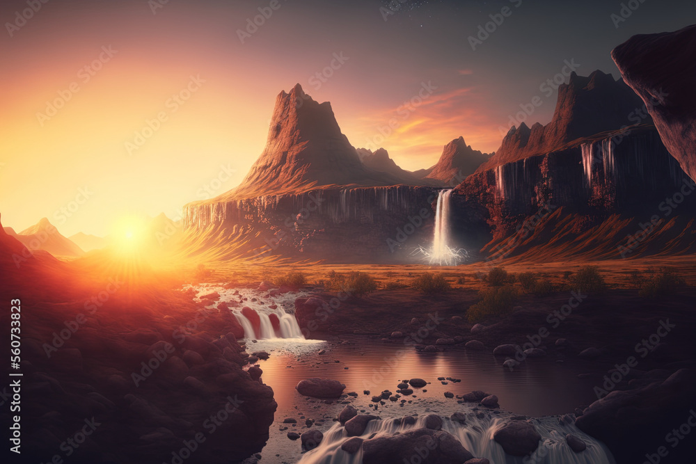 Mountain and waterfall on sunset sky abstract background with bokeh sunlight shallow depth of field. Nature and environment concept. Generative AI