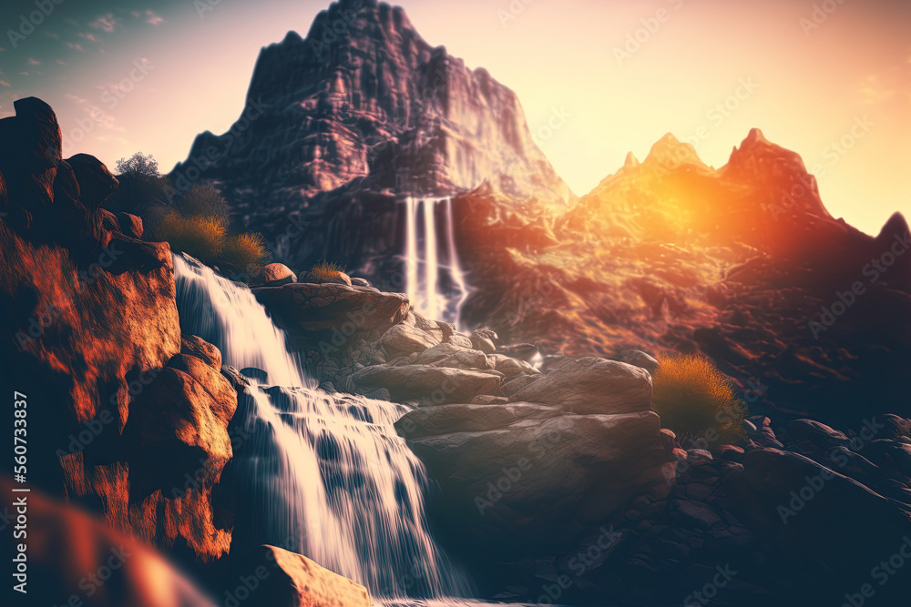 Mountain and waterfall on sunset sky abstract background with bokeh sunlight shallow depth of field. Nature and environment concept. Generative AI