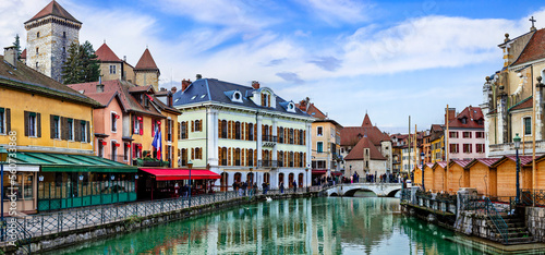 France travel and landmarks. Romantic beautiful old town of Annecy with colorful houses and canals. Haute-Savoi region photo