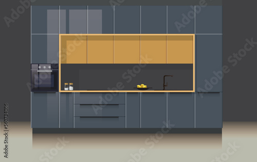 Modern dark grey Kitchen front view. realistic flat kitchen cabinets vector illustration.