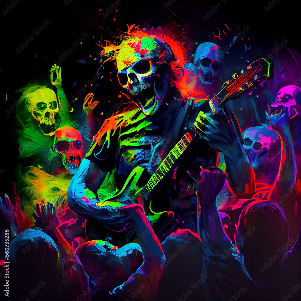 Zombie with guitar during concert. Generative AI. Zombie with guitar during concert. Generative AI.
