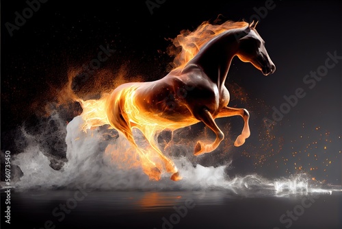 Horse on fire galloping through water. Generative AI