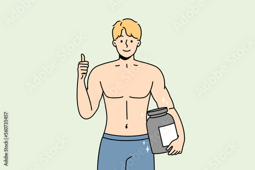 Smiling bodybuilder holding protein bottle recommend healthy lifestyle. Happy muscular guy with nutrition supplement in hands. Sport and diet. Vector illustration. 