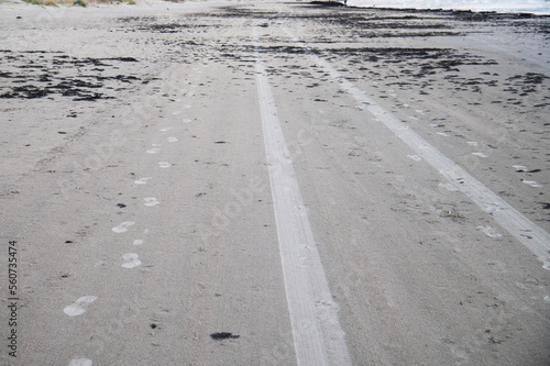 Foto Foot and tire print in sea sand. Unfriendly to nature.