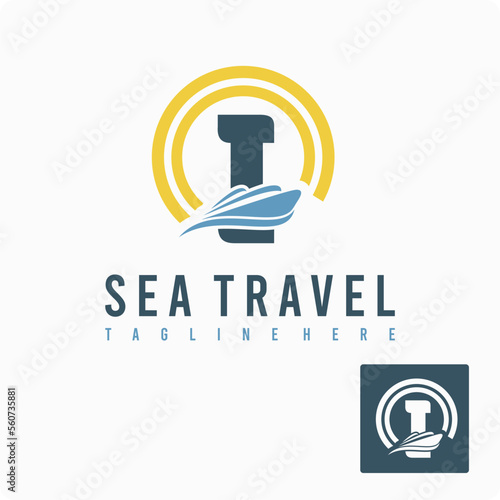 Initial I Letter with Ship Marine, Wave and Sun Icon for Travel Holiday Agency Business Logo Idea Template