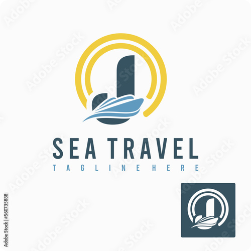 Initial J Letter with Ship Marine, Wave and Sun Icon for Travel Holiday Agency Business Logo Idea Template