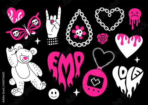 Y2k glamour pink and black elements set. Butterfly, kawaii bear, fire, flame, chain heart, tattoo and other icons in trendy emo goth 2000s style. Vector hand drawn illustration. 90s, 00s aesthetic photo