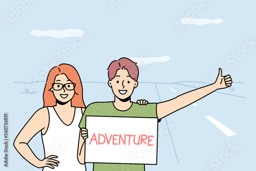 Smiling couple with poster in hands stand on road show hitchhiking gesture. Happy man and woman demonstrate thumb up symbol. Travel for free. Vector illustration. 