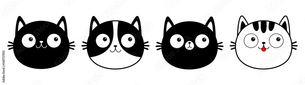 White black cat face head line contour silhouette icon set. Cute cartoon funny character. Funny kawaii smiling sad doodle animal. Different emotions. Pet collection. Flat design Baby background