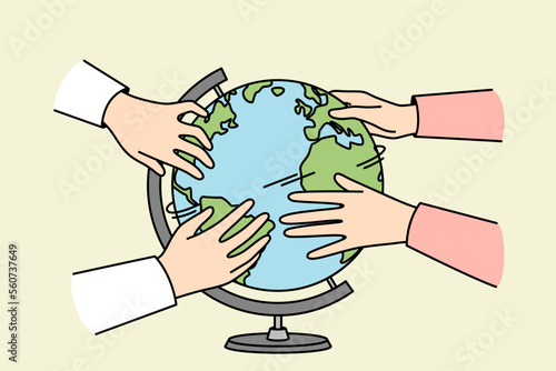 Diverse people touch globe interested in geography. Hands turn planet Earth sphere. Environment conservation and education. Vector illustration. 