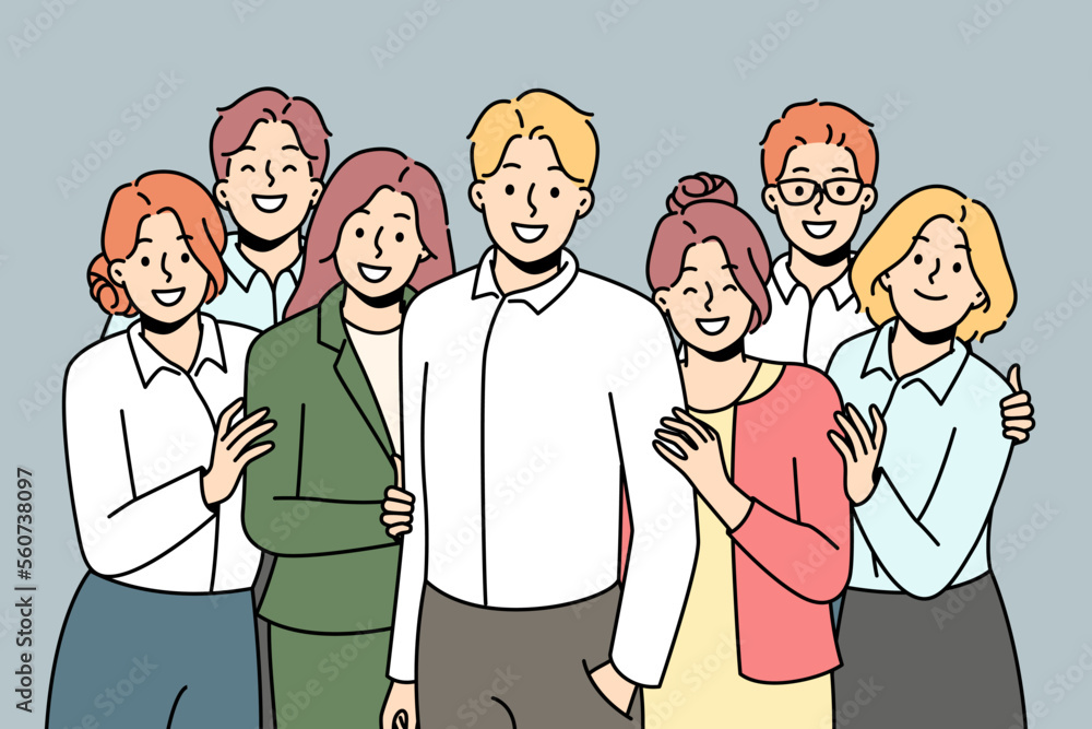 Smiling employees posing together with male leader or boss. Happy work team stand together show unity and support. Teamwork and cooperation. Vector illustration. Smiling employees posing together with male leader or boss. Happy work team stand together show unity and support. Teamwork and cooperation. Vector illustration.