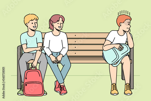 Rude children make fun of lonely boy kid. Schoolchildren bullying child sitting separate on bench. School mockery and discrimination. Vector illustration. 