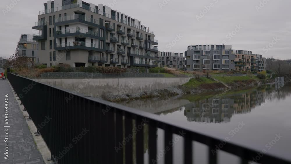 Moody walking shot of apartments in a new marina bay Prague. Moody walking shot of apartments in a new marina bay Prague.
