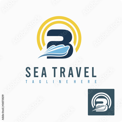 Initial B Letter with Ship Marine, Wave and Sun Icon for Travel Holiday Agency Business Logo Idea Template