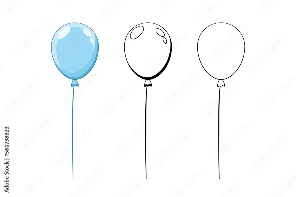Okrągły balon, wypełniony helem w trzech różnych wersjach. Niebieski balon, w stylu komiksowym oraz obrys. - obrazy, fototapety, plakaty 