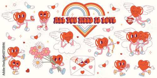 Groovy hippie love sticker set. Retro happy Valentines day. Comic happy heart character in trendy retro 60s 70s cartoon style. Retro characters and elements