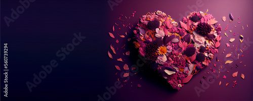 valentine day heart shaped flowers with copy space and purple background, generative ai