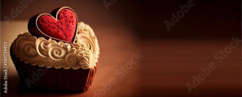 Canvastavla heart shaped cup cake with copy space, valentine day, dark background, generativ