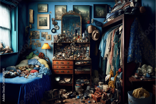 Hoarder bedroom packed with piles of clothes and household items, Illustration created with Generative AI technology