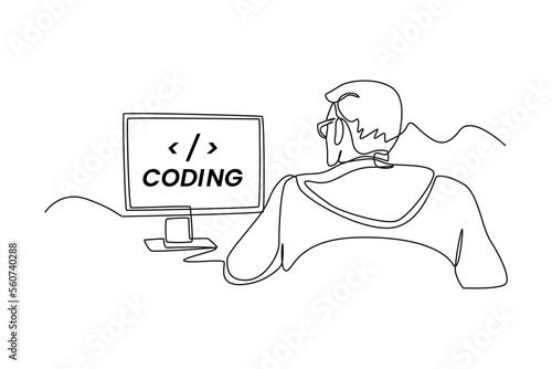 Single one line drawing Programmers or developers make programming language code in front of the computer. Programming code concept. Continuous line draw design graphic vector illustration.