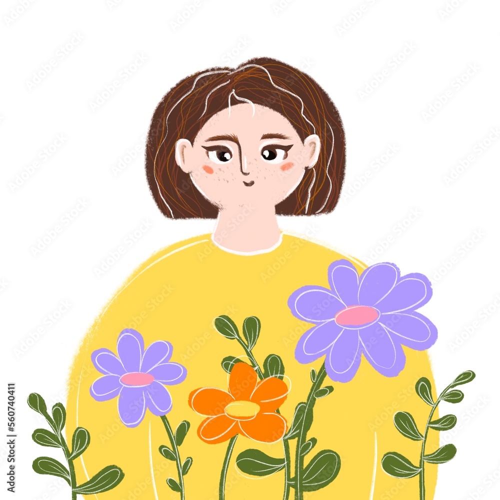 a girl with a short haircut with flowers