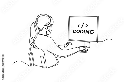 Single one line drawing Programmers or developers make programming language code in front of the computer. Programming code concept. Continuous line draw design graphic vector illustration.