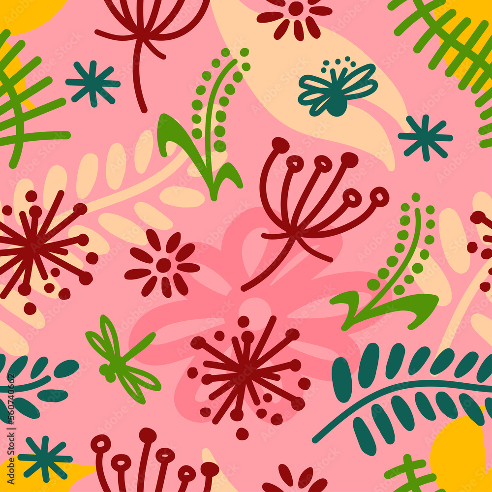 Raster seamless pattern with herbs, flowers, insects and berries on a pink background