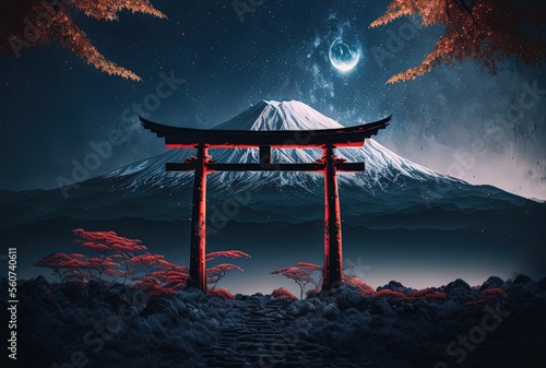 Photo illustration of torii with Fuji mountain and milky way as background