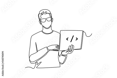 Single one line drawing Man carrying laptop for coding. Programming code concept. Continuous line draw design graphic vector illustration.