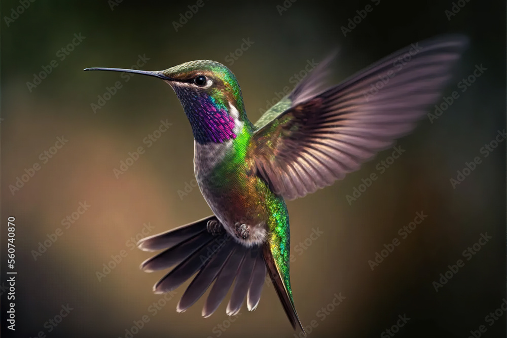 Obraz premium Hovering colorful hummingbird created with Generative AI technology