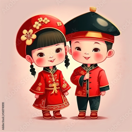 illustration of cute Chinese style cartoon couple character in pink tone color, spring cherry blossom time	
