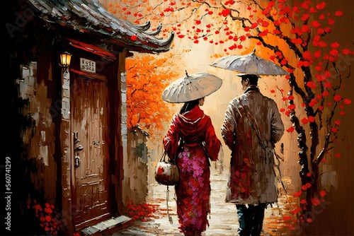 oil painting style illustration of lover walk together on ancient street during spring time under cherry blossom branch