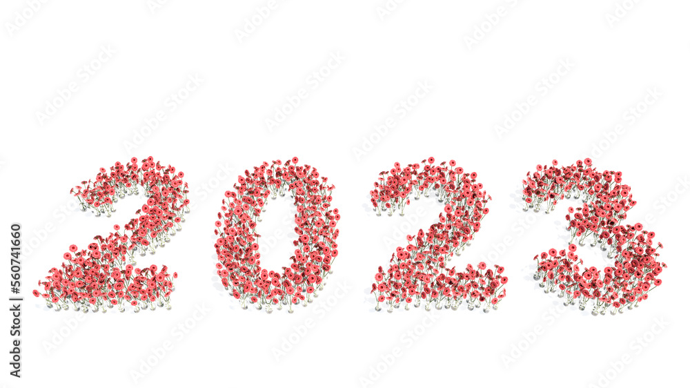 Concept or conceptual set of beautiful blooming gerberas bouquets forming the year 2023. 3d illustration metaphor for hope, future, prosperity, health, romance and love, nature, spring or summer. Concept or conceptual set of beautiful blooming gerberas bouquets forming the year 2023. 3d illustration metaphor for hope, future, prosperity, health, romance and love, nature, spring or summer.