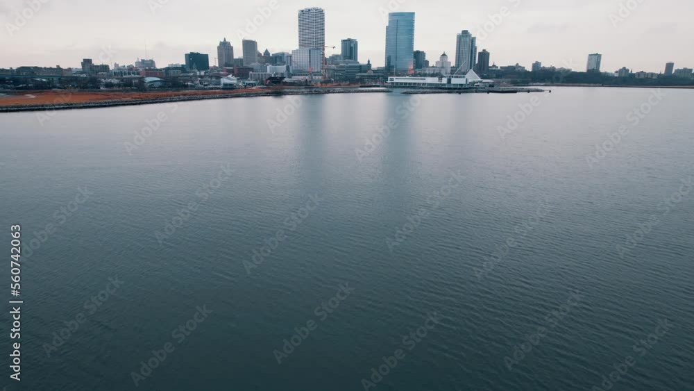 Drone Flying low Over Water Sea Surface, Milwaukee City Waterfront, USA Drone Flying low Over Water Sea Surface, Milwaukee City Waterfront, USA